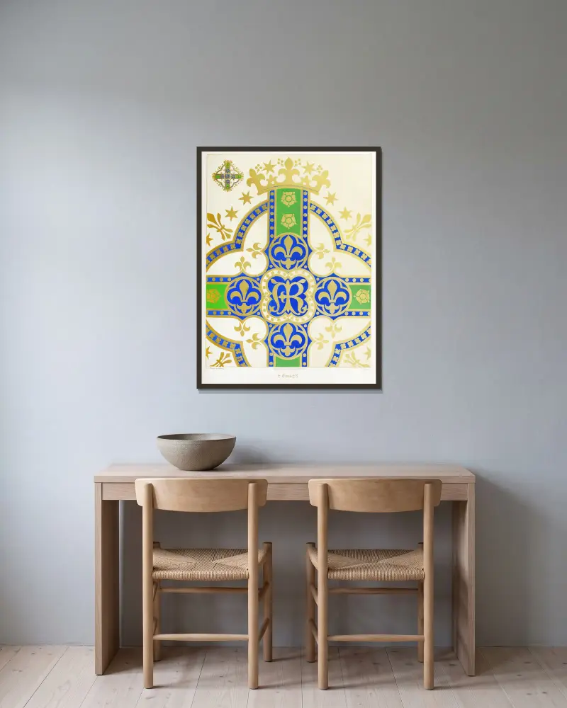 Ett kors för en frontal eller mässhake, med liljor, kronor och stjärnor av Augustus Pugin inramad på en vägg