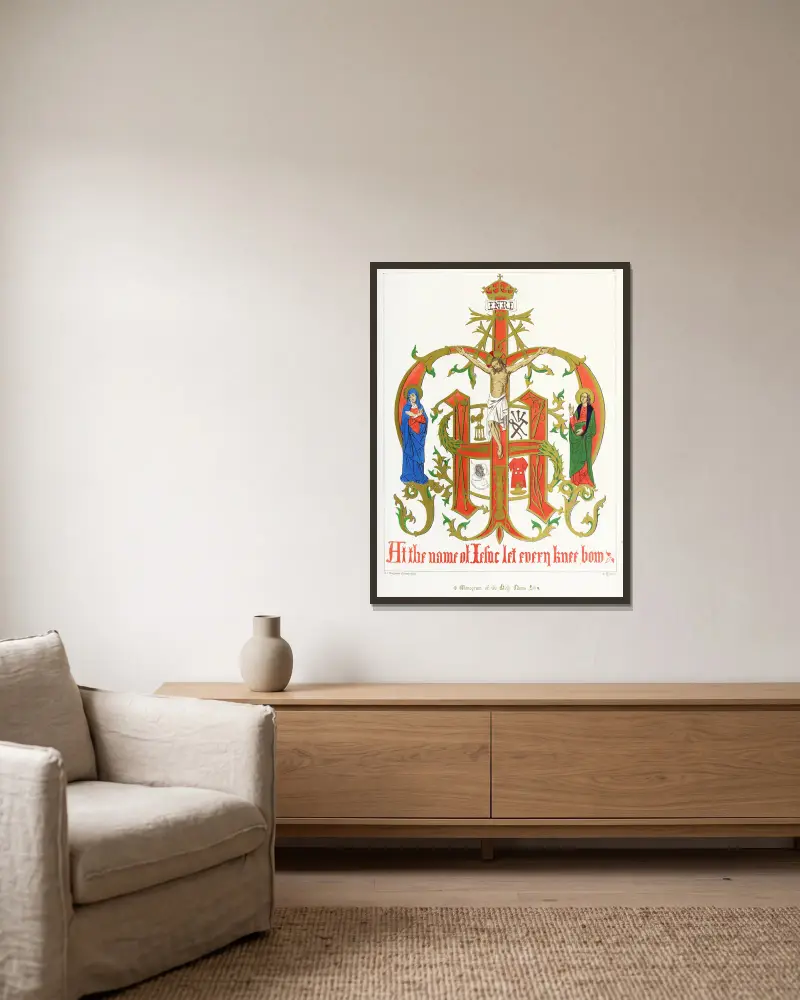 Monogram över det heliga namnet, med vår Herre, den heliga Maria och den helige Johannes av Augustus Pugin inramad på en vägg