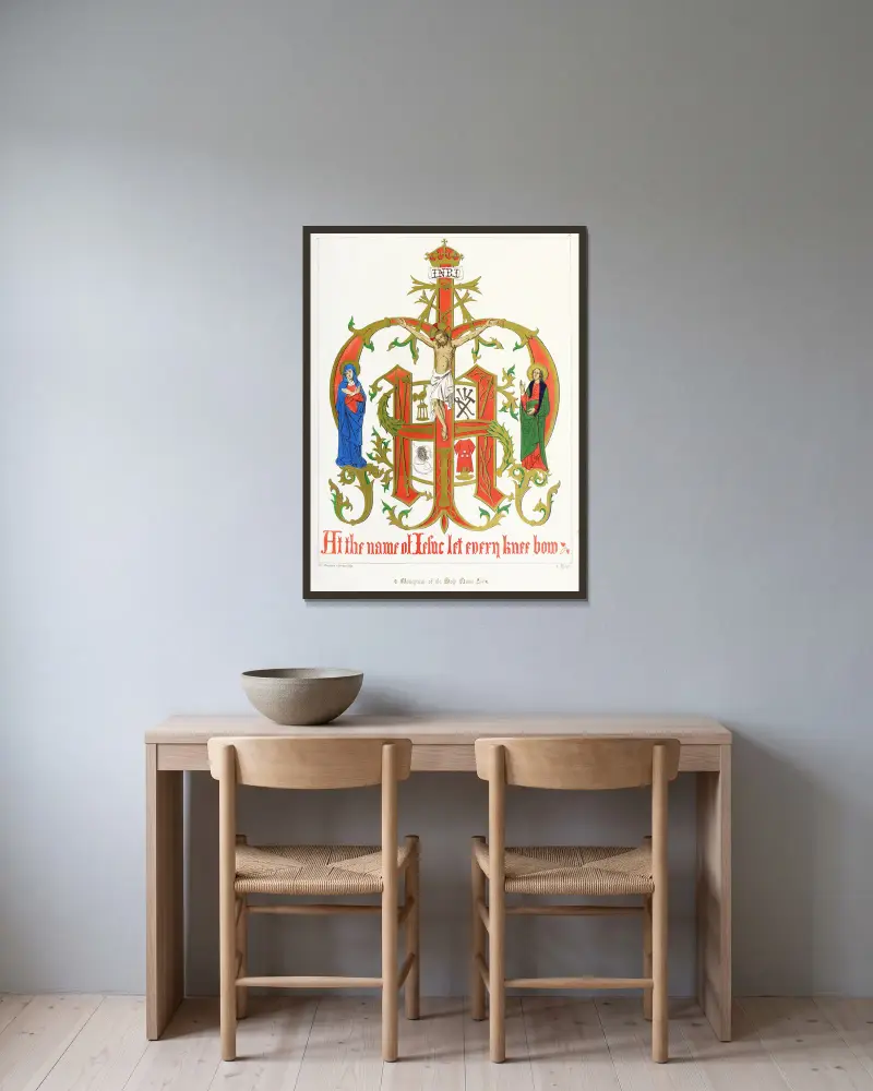 Monogram över det heliga namnet, med vår Herre, den heliga Maria och den helige Johannes av Augustus Pugin inramad på en vägg