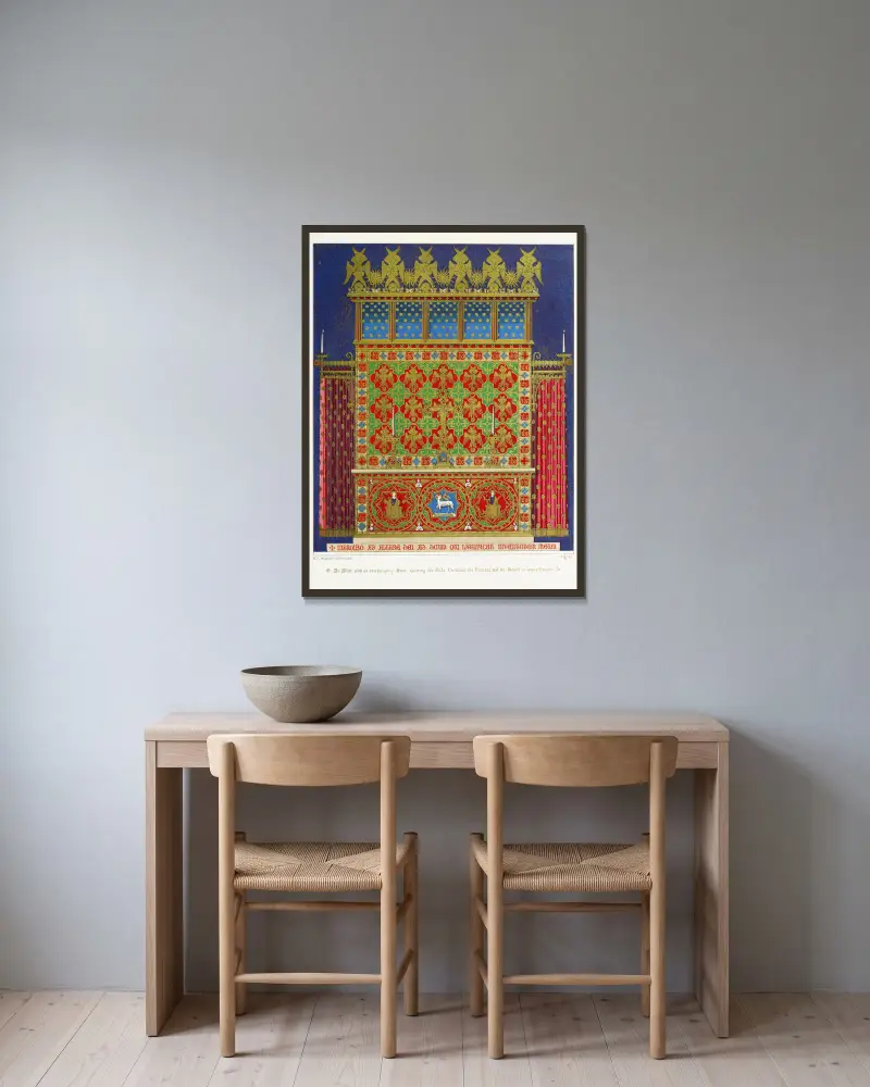 Altar und Dossell, mit Vorhängen von Augustus Pugin gerahmt an einer Wand