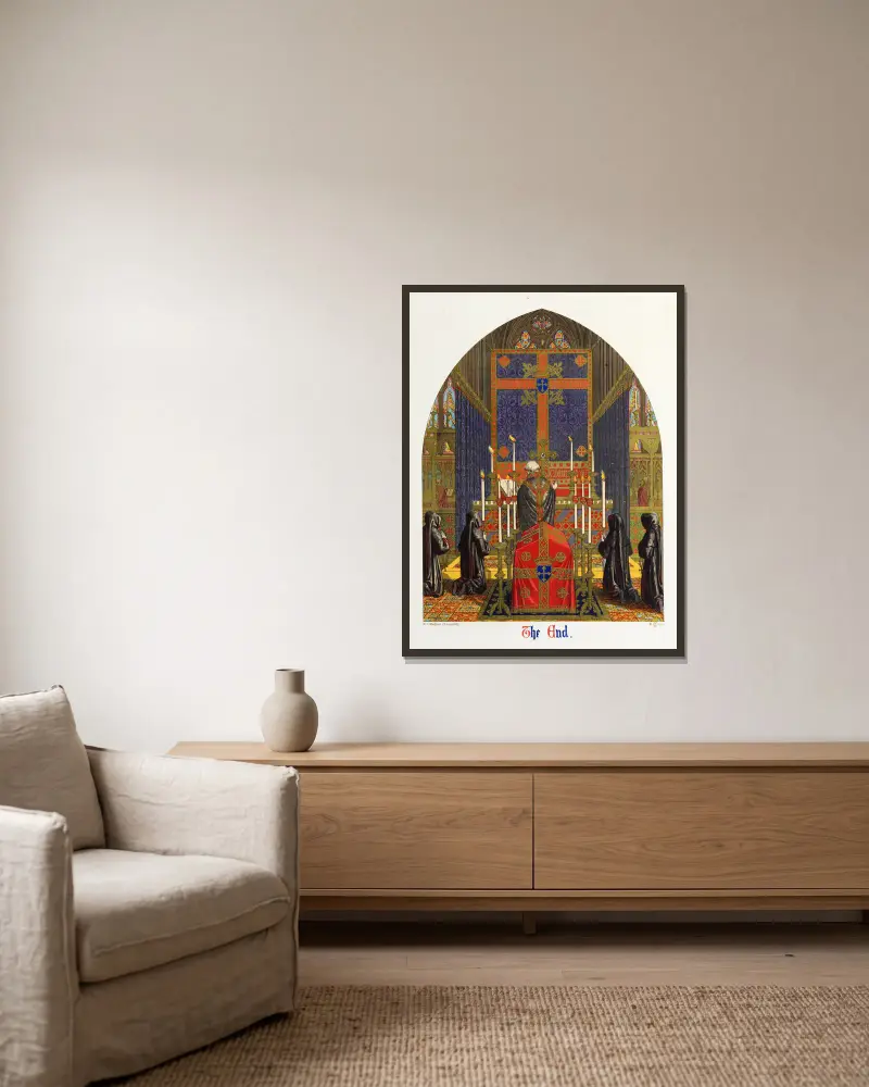 Ett altare klätt för en begravningsmässa av Augustus Pugin inramad på en vägg