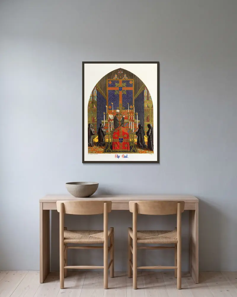 Ett altare klätt för en begravningsmässa av Augustus Pugin inramad på en vägg