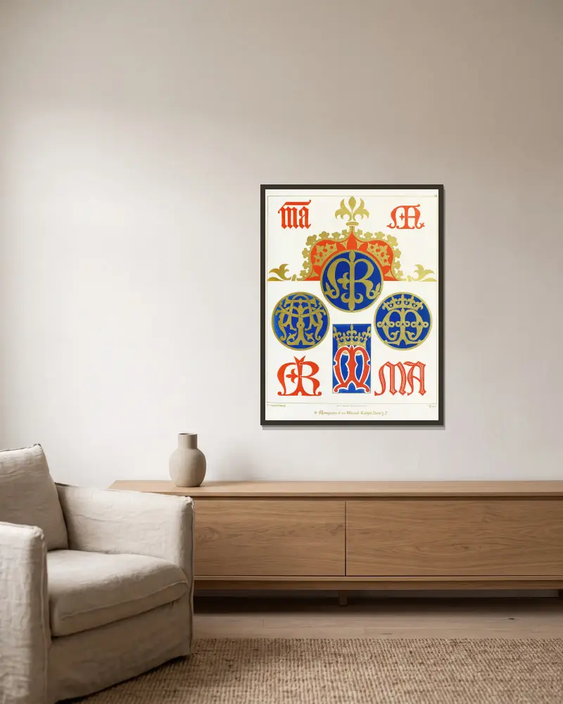 Osiem monogramów Imienia Najświętszej Maryi Panny, Augustus Pugin w ramie na ścianie