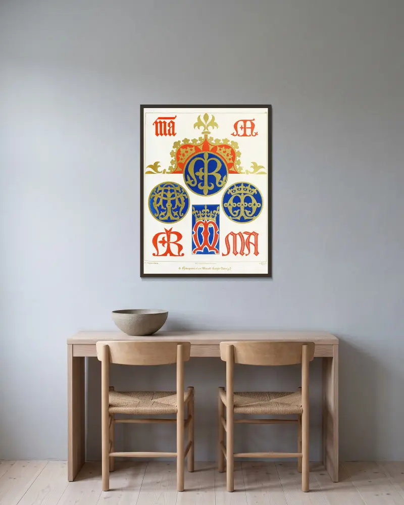 Osiem monogramów Imienia Najświętszej Maryi Panny, Augustus Pugin w ramie na ścianie
