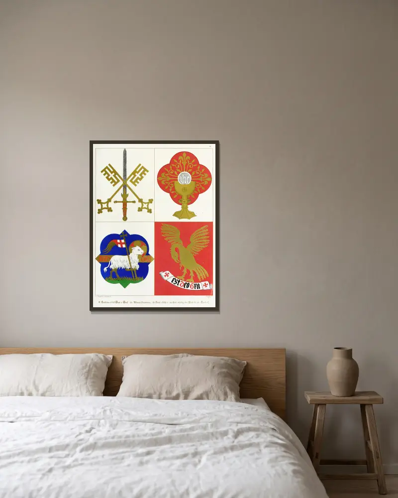 Emblem för Sankt Petrus och Sankt Paulus; det välsignade sakramentet och Guds lamm av Augustus Pugin inramad på en vägg