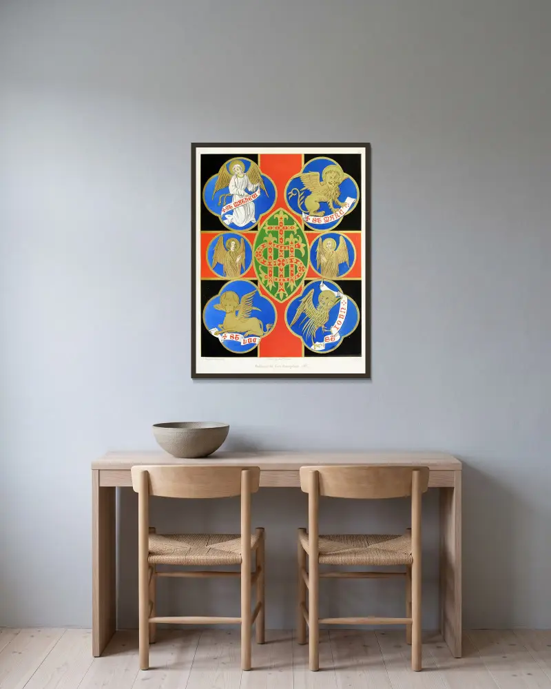 De fyra evangelisternas emblem av Augustus Pugin inramad på en vägg