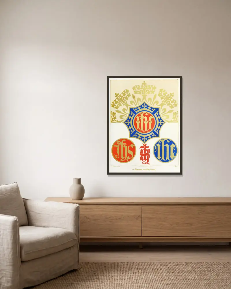 Vier Monogramme des Heiligen Namens von Augustus Pugin gerahmt an einer Wand