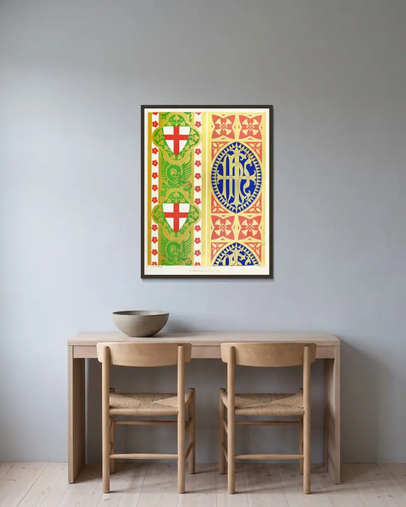 Orphrey-bräm på kappor: 1. Sankt Göran, sköld och drake; 2. De fem korsen med det heliga namnet i det första av Augustus Pugin inramad på en vägg