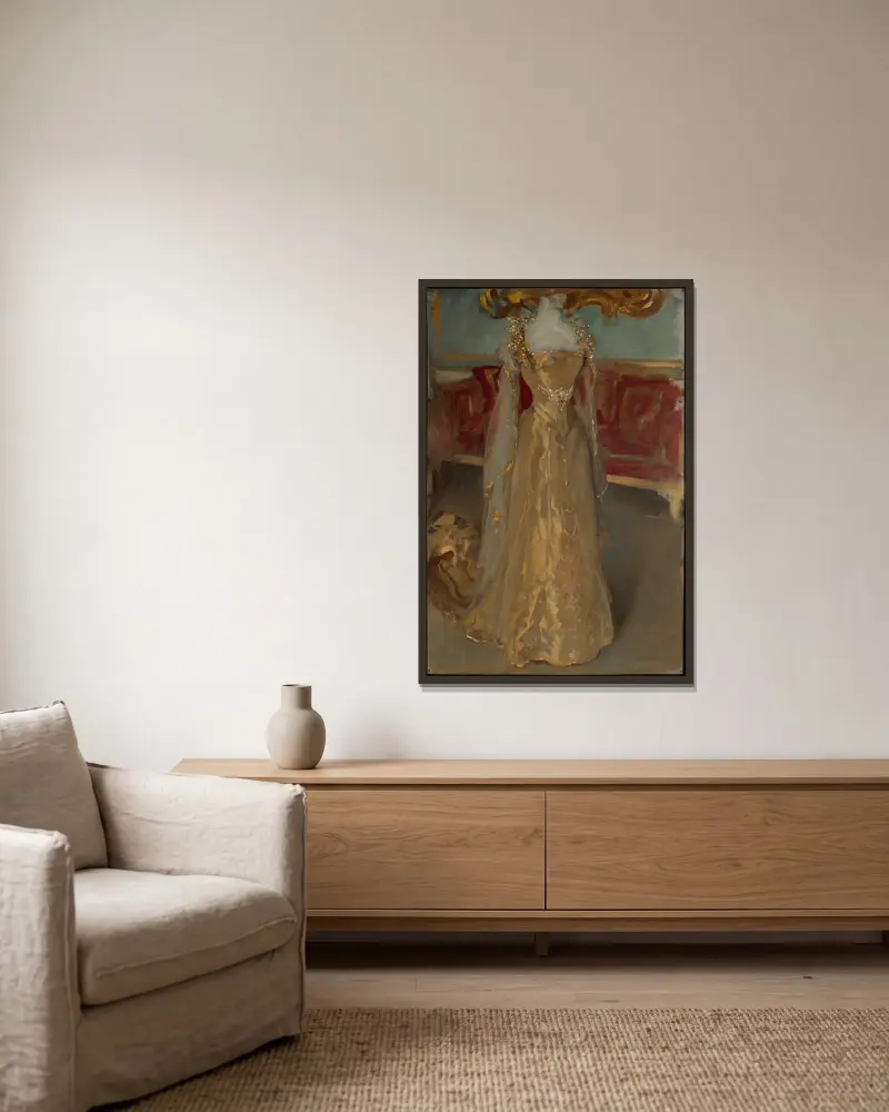 Drapistudie av drottning Alexandras klänning, för kröningen av kung Edward VII av Edwin Austin Abbey inramad på en vägg