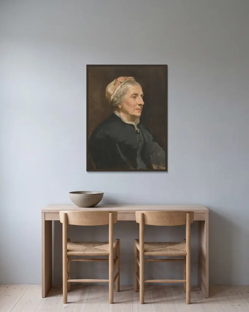 Porträtt av en äldre kvinna av Edwin Austin Abbey inramad på en vägg