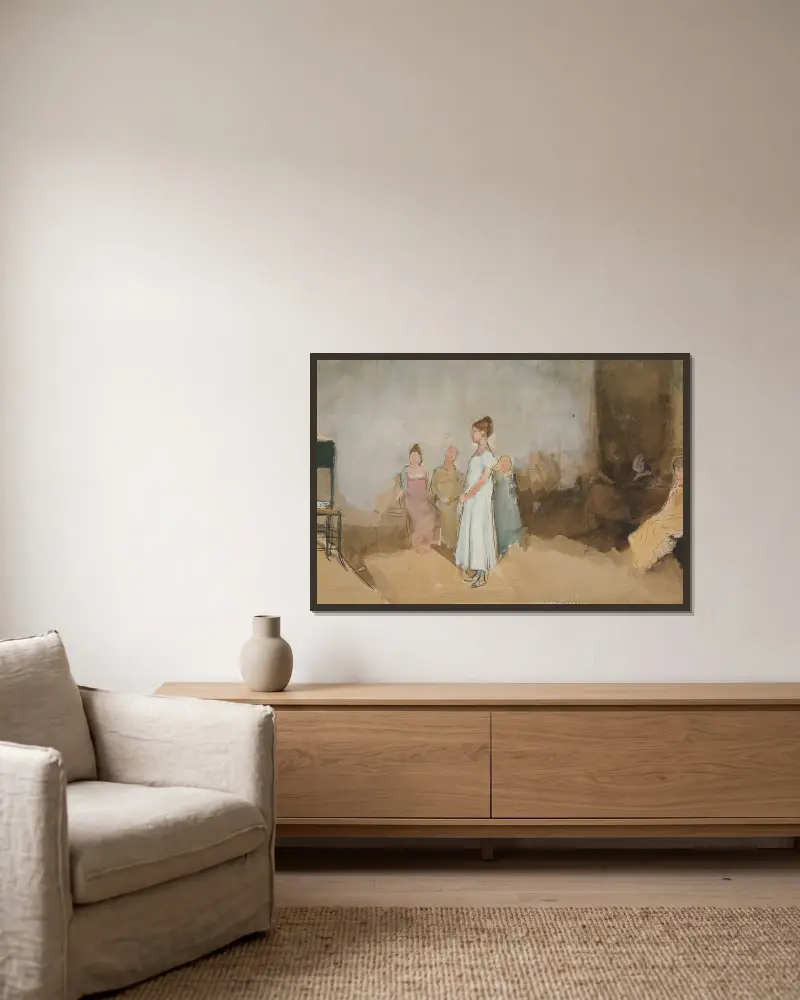 Skiss av en kvinna i en interiör av Edwin Austin Abbey inramad på en vägg