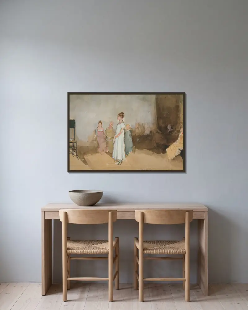 Skiss av en kvinna i en interiör av Edwin Austin Abbey inramad på en vägg