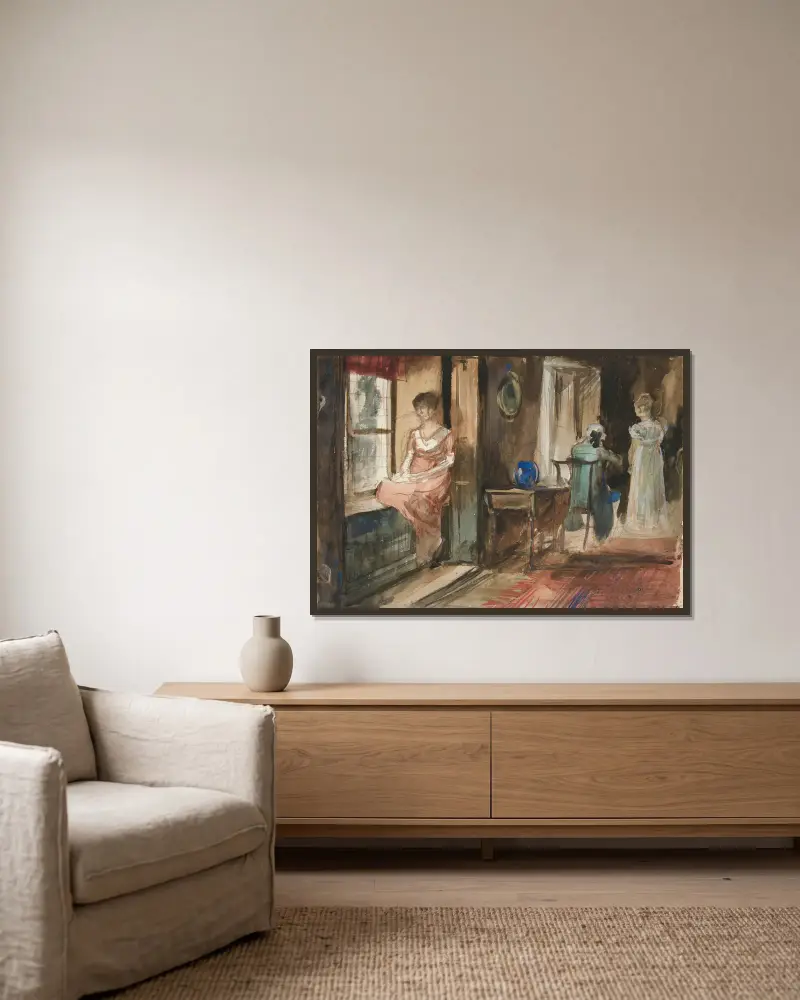 Skiss av figurer i en interiör av Edwin Austin Abbey inramad på en vägg