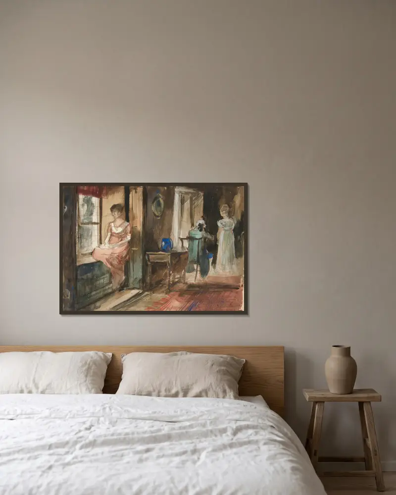 Skiss av figurer i en interiör av Edwin Austin Abbey inramad på en vägg