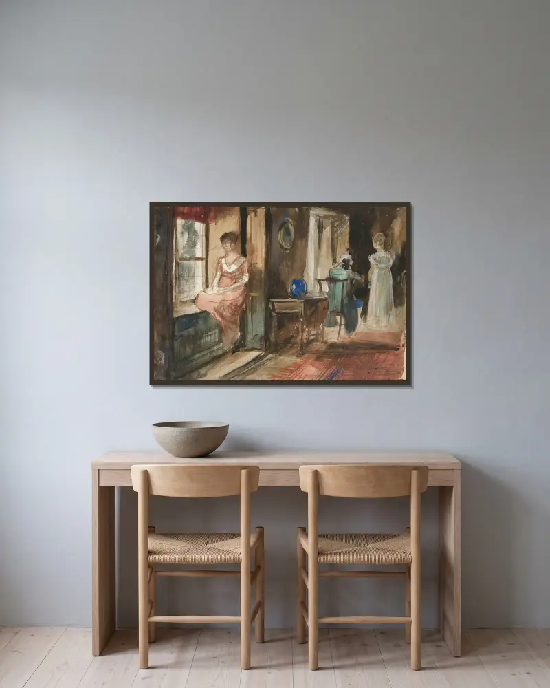 Skiss av figurer i en interiör av Edwin Austin Abbey inramad på en vägg