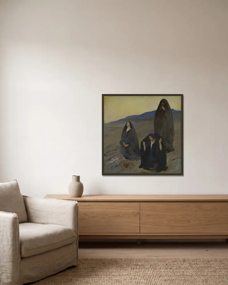 Die drei Marien von Edwin Austin Abbey gerahmt an einer Wand