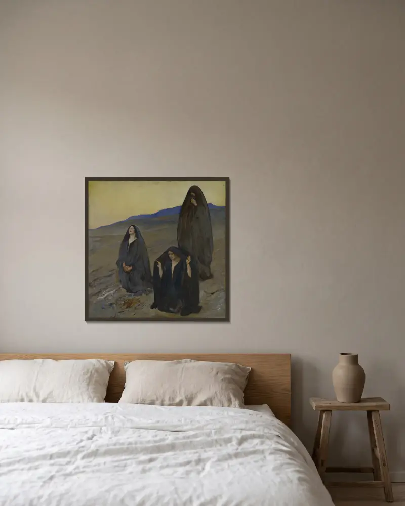 Die drei Marien von Edwin Austin Abbey gerahmt an einer Wand