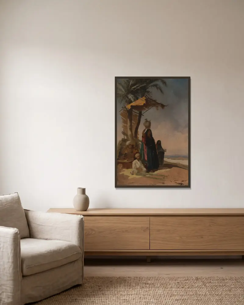 Eastern genre scene under a palm tree av Stanisław Chlebowski inramad på en vägg