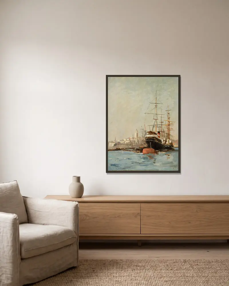 Blick auf den Hafen bei Bursa von Stanisław Chlebowski gerahmt an einer Wand