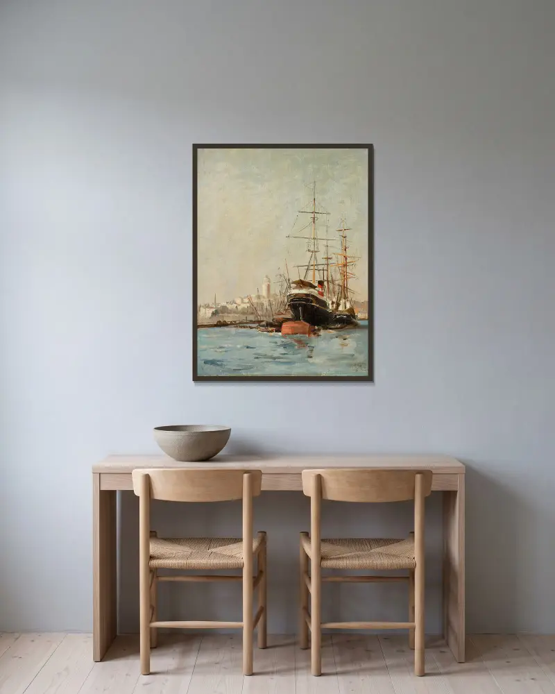 Blick auf den Hafen bei Bursa von Stanisław Chlebowski gerahmt an einer Wand
