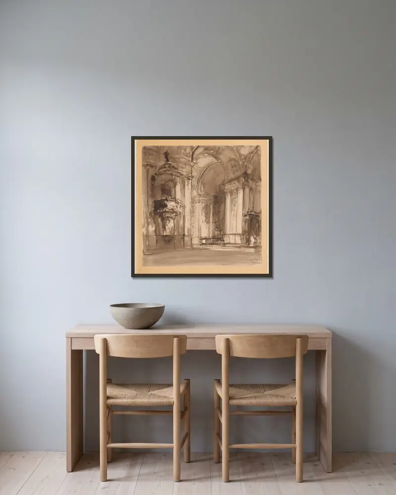 Barockes Interieur mit Kanzel von Stanisław Noakowski gerahmt an einer Wand