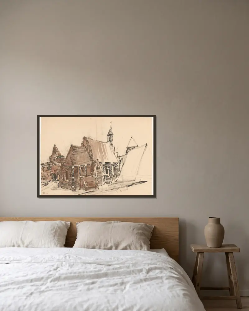 Belgien. Gotisk arkitektur. Kyrka och fragment av mur med port av Stanisław Noakowski inramad på en vägg