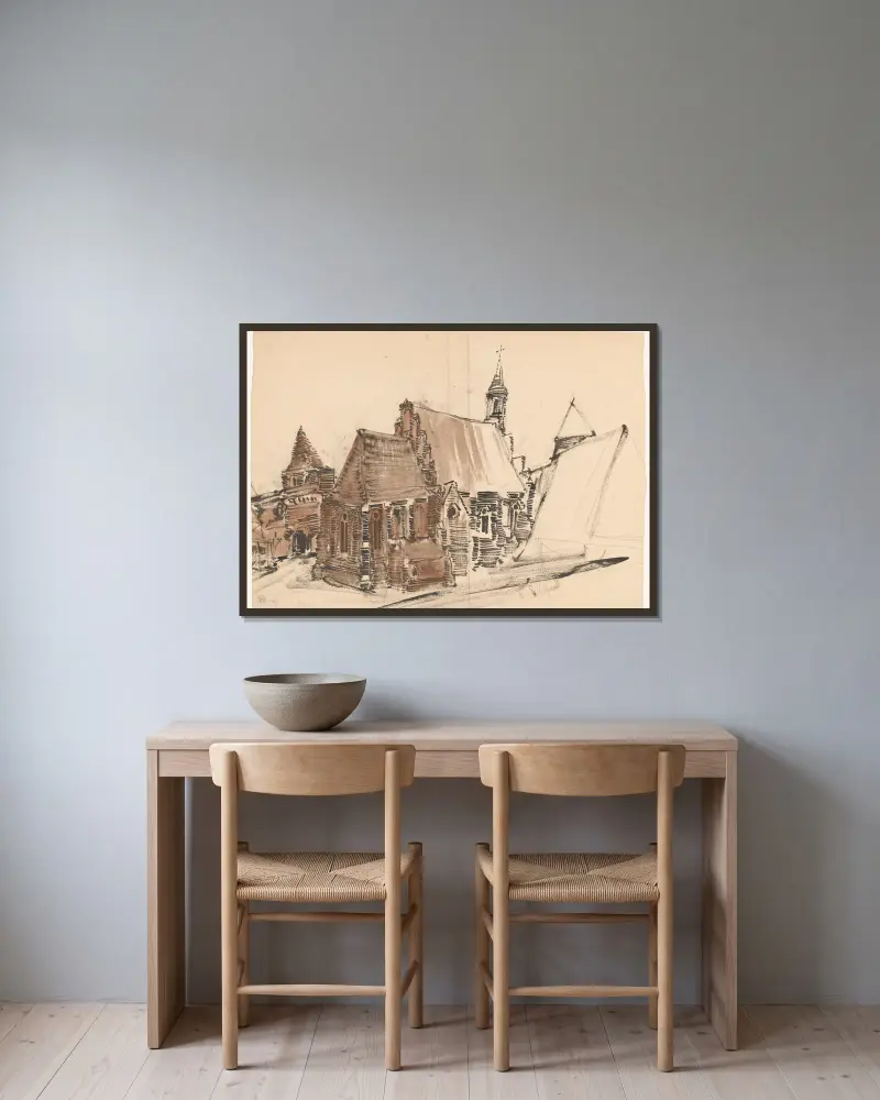 Belgien. Gotisk arkitektur. Kyrka och fragment av mur med port av Stanisław Noakowski inramad på en vägg