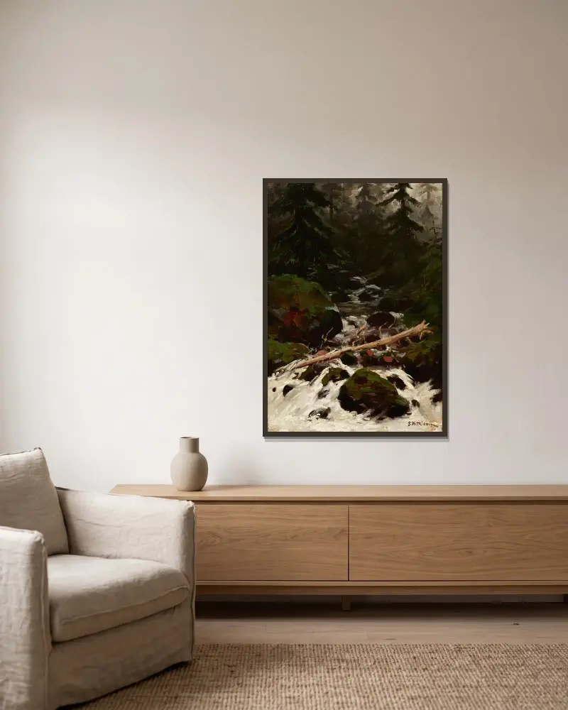 Stream in the Forest av Stanisław Witkiewicz inramad på en vägg