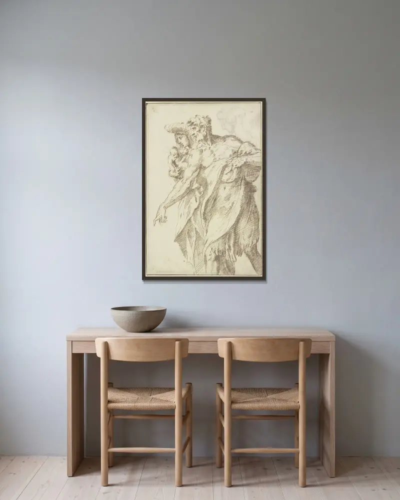 En man och en kvinna med ett barn som går åt vänster av Baccio Bandinelli inramad på en vägg