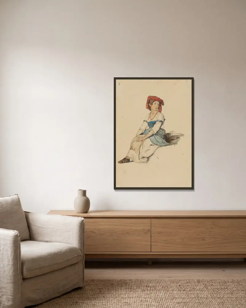Italiensk flicka med rött huvudplagg, händerna vilande på knäna av Johann Baptist Kirner inramad på en vägg