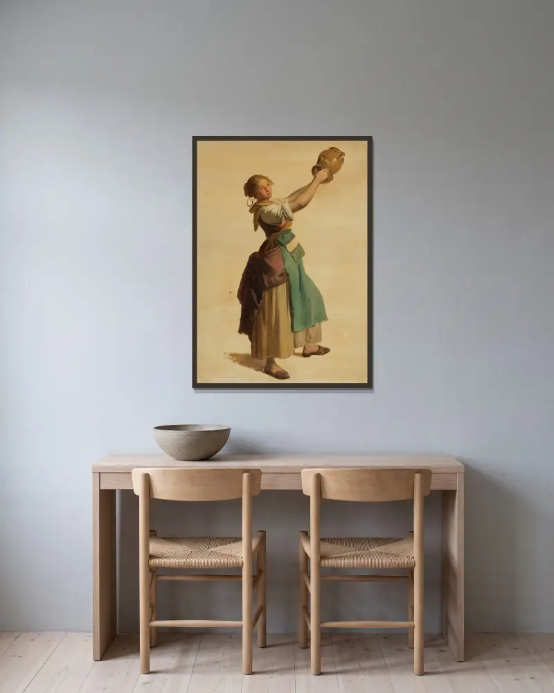 Junge Frau nach rechts, einen Krug in die Höhe haltend von Johann Baptist Kirner gerahmt an einer Wand