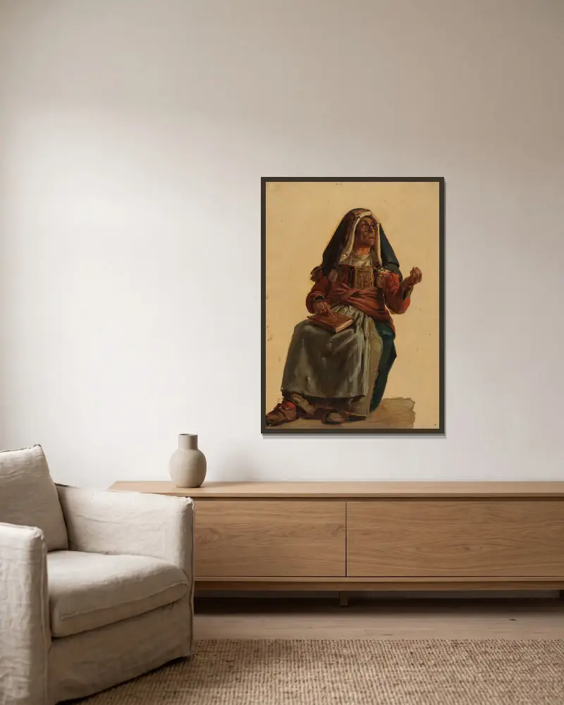 Sittande gammal italienska med en bok i knät av Johann Baptist Kirner inramad på en vägg