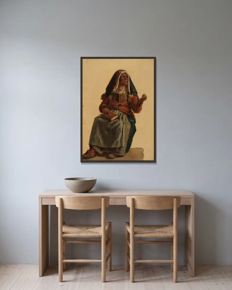 Sittande gammal italienska med en bok i knät av Johann Baptist Kirner inramad på en vägg