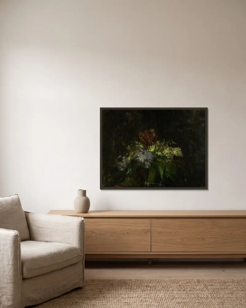 Blumenstrauß mit Maiglöckchen von Jean-Baptiste Carpeaux gerahmt an einer Wand