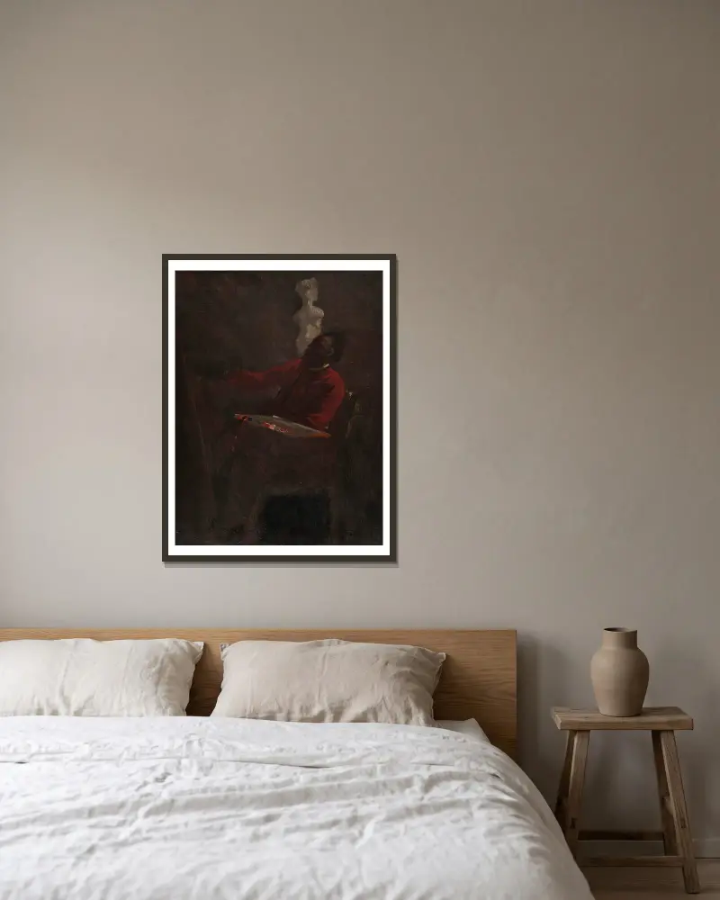 Carpeaux i röd rock målande i sin ateljé av Jean-Baptiste Carpeaux inramad på en vägg
