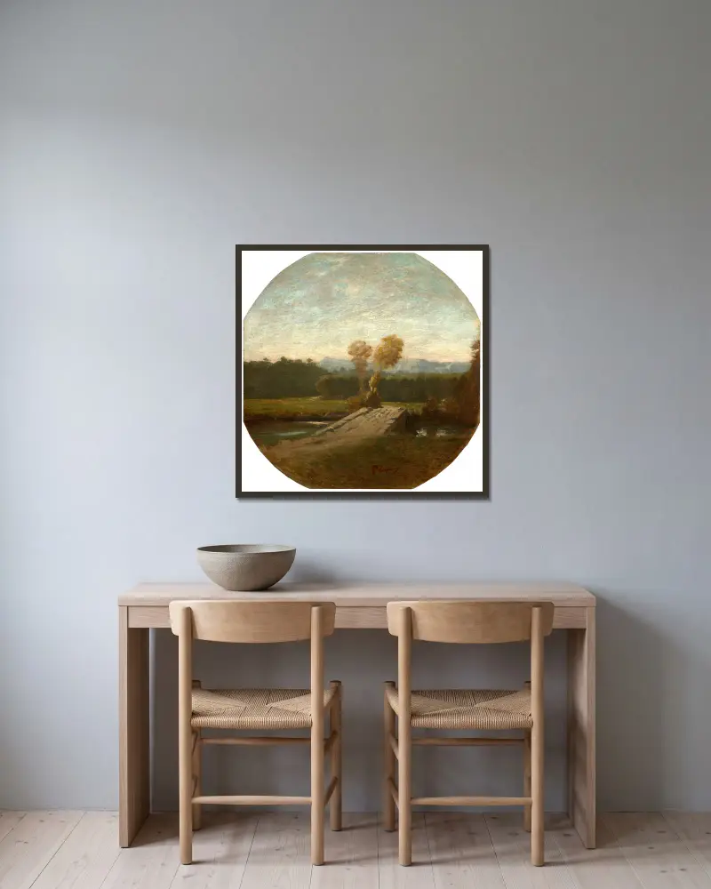 Skogslandskap med bro och vattendrag av Jean-Baptiste Carpeaux inramad på en vägg