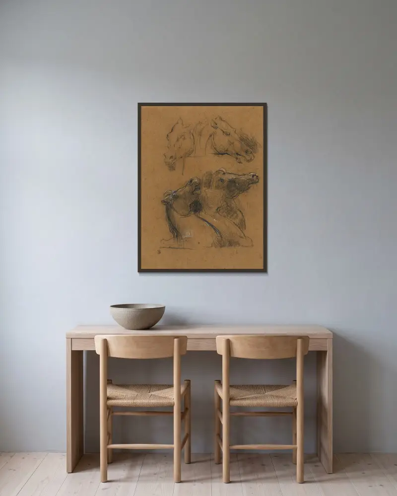Häststudier (efter Elgin-marmorerna) av Jean-Baptiste Carpeaux inramad på en vägg