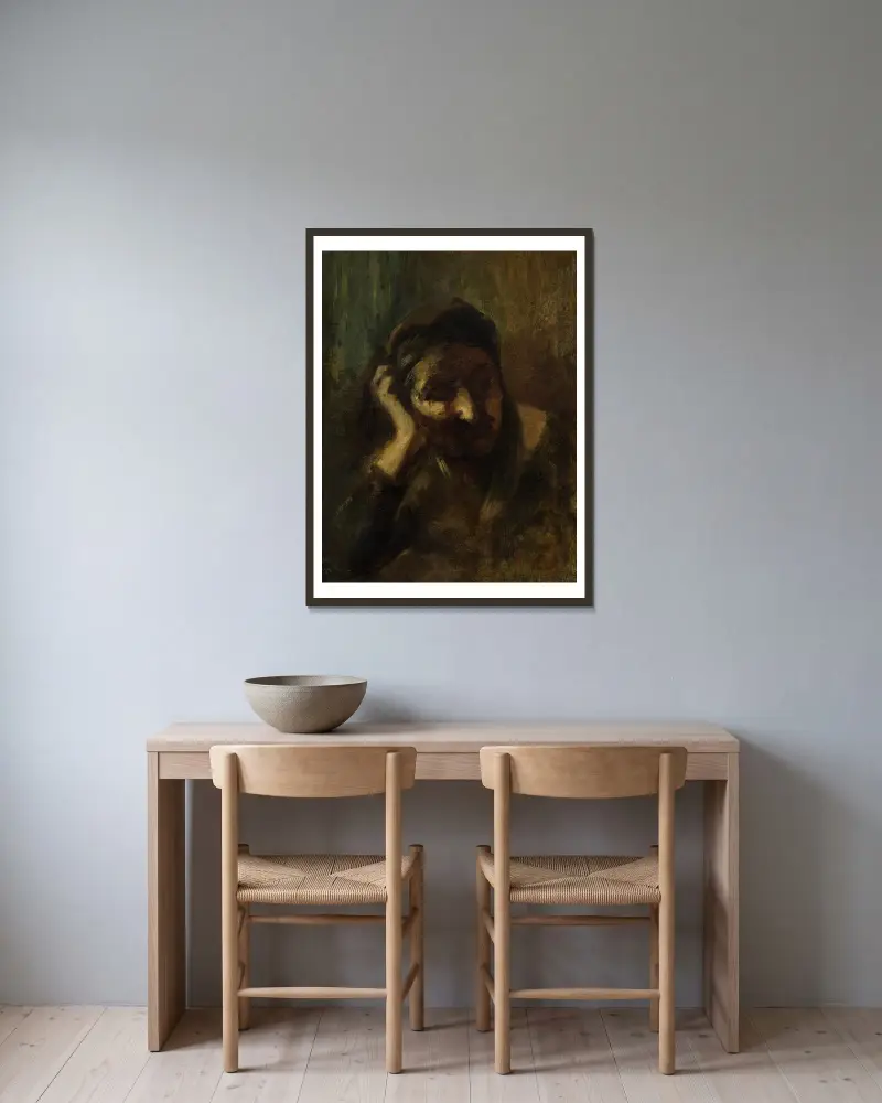 Huvud av en gammal italiensk kvinna, kallad La Palombellas moder av Jean-Baptiste Carpeaux inramad på en vägg