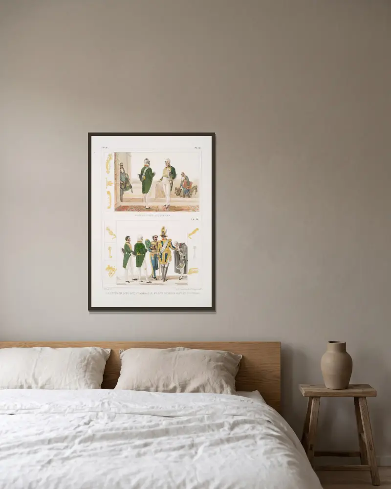 Ministrarnas dräkter; Kejsaren följd av en kammarherre och en förste kammartjänare av Jean Baptiste Debret inramad på en vägg