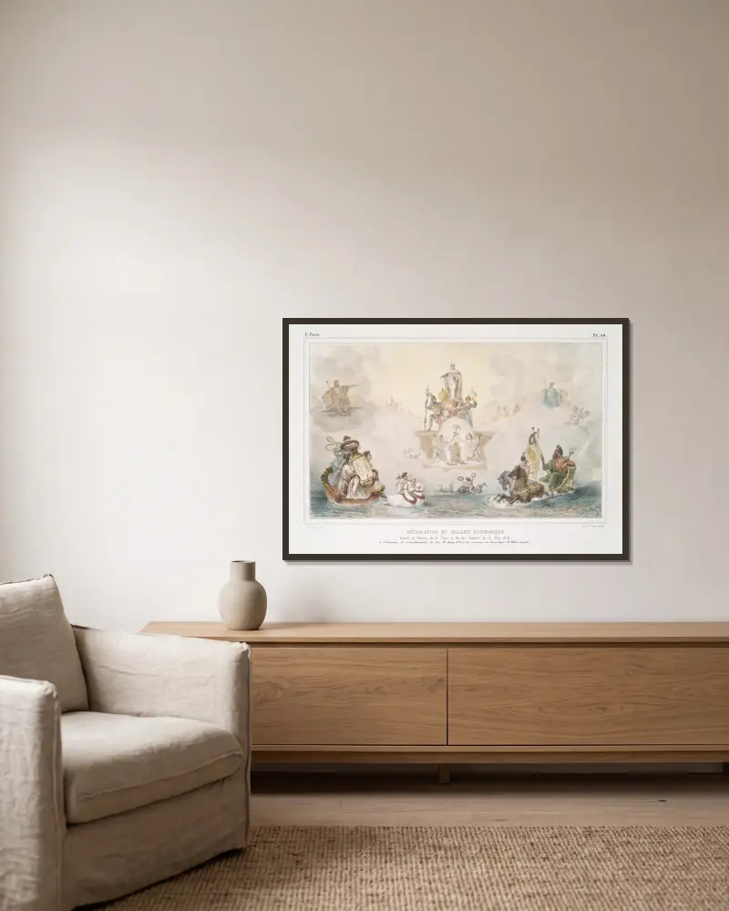 Décoration du ballet historique av Jean Baptiste Debret inramad på en vägg