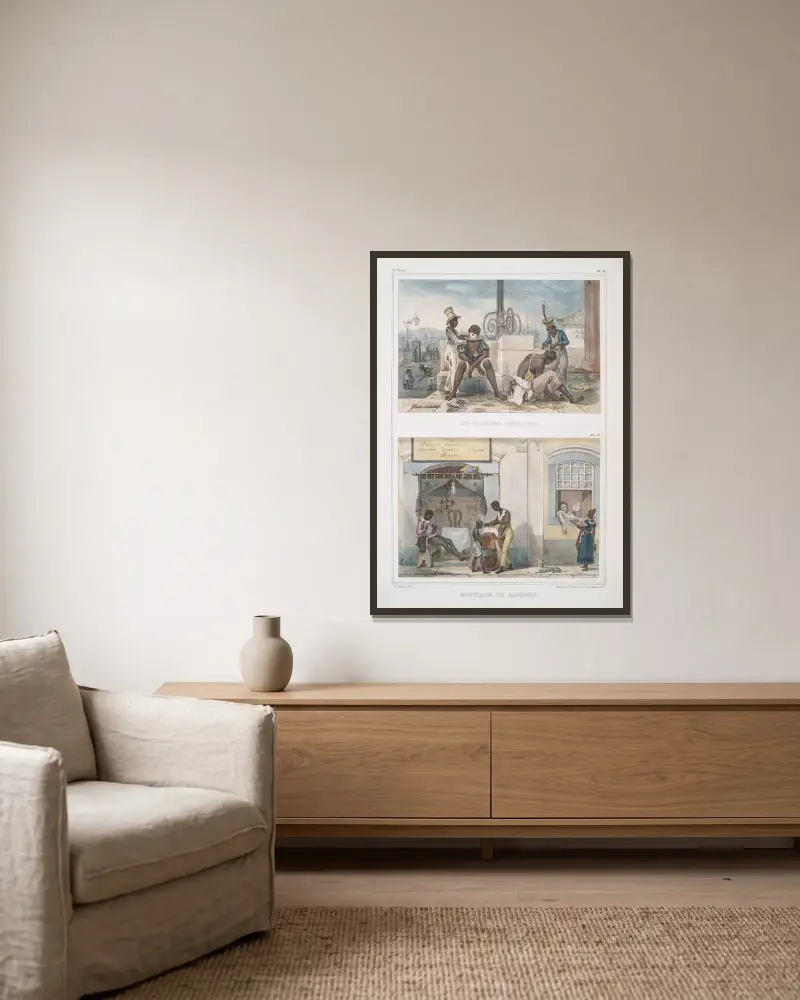 Wandernde Barbiere; Barbierladen von Jean Baptiste Debret gerahmt an einer Wand