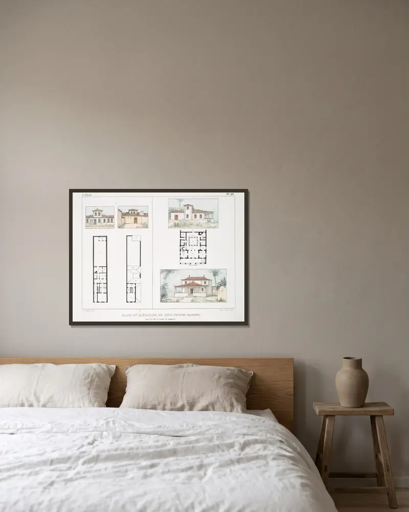 Plans et élévation de deux petites maisons av Jean Baptiste Debret inramad på en vägg