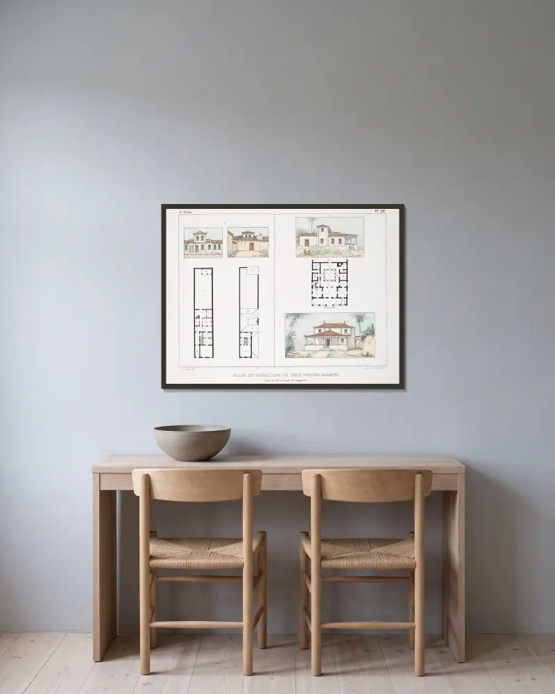 Plans et élévation de deux petites maisons av Jean Baptiste Debret inramad på en vägg