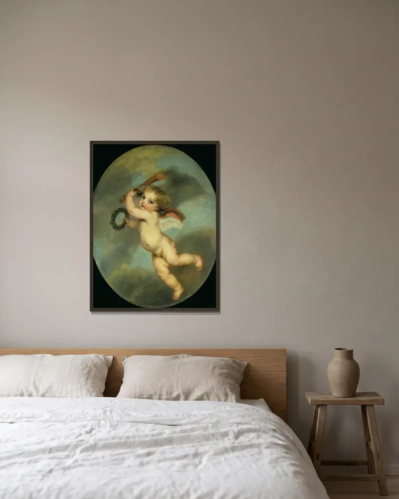 Flying Cupid with a Torch av Jean-Baptiste Greuze inramad på en vägg