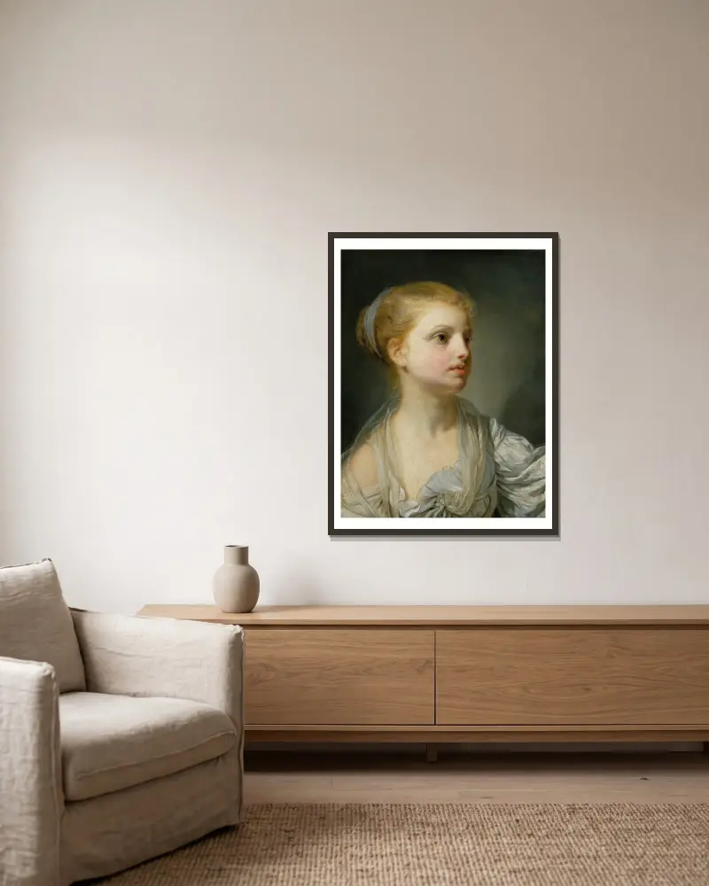 Flicka i vit klänning av Jean-Baptiste Greuze inramad på en vägg