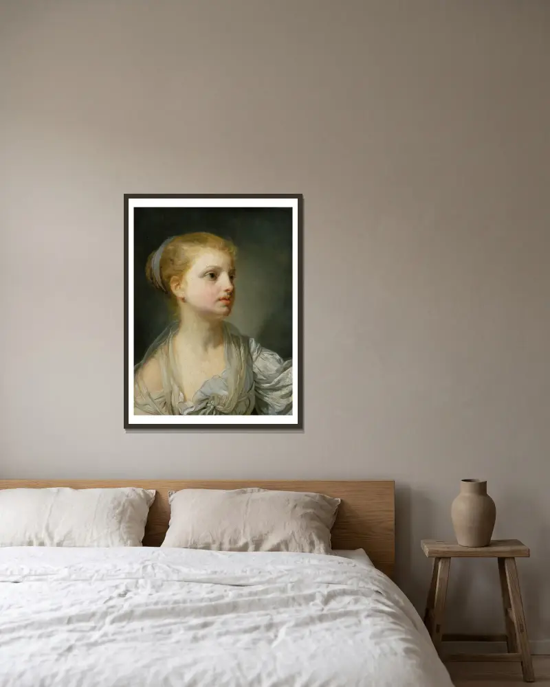 Flicka i vit klänning av Jean-Baptiste Greuze inramad på en vägg
