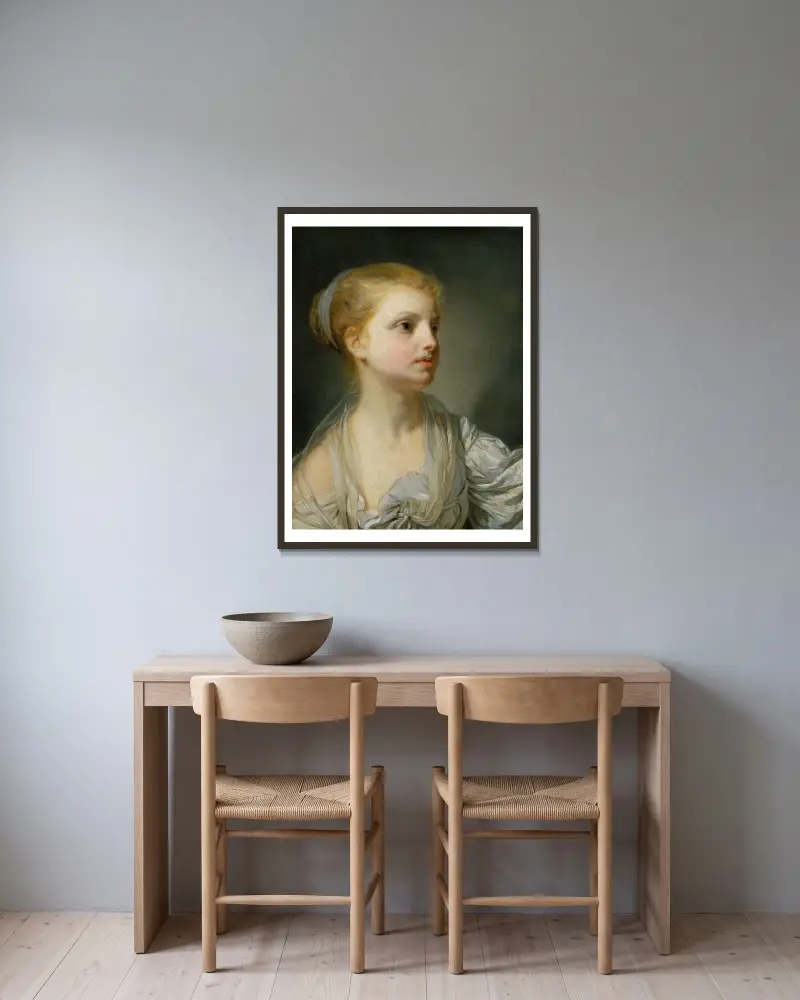 Flicka i vit klänning av Jean-Baptiste Greuze inramad på en vägg
