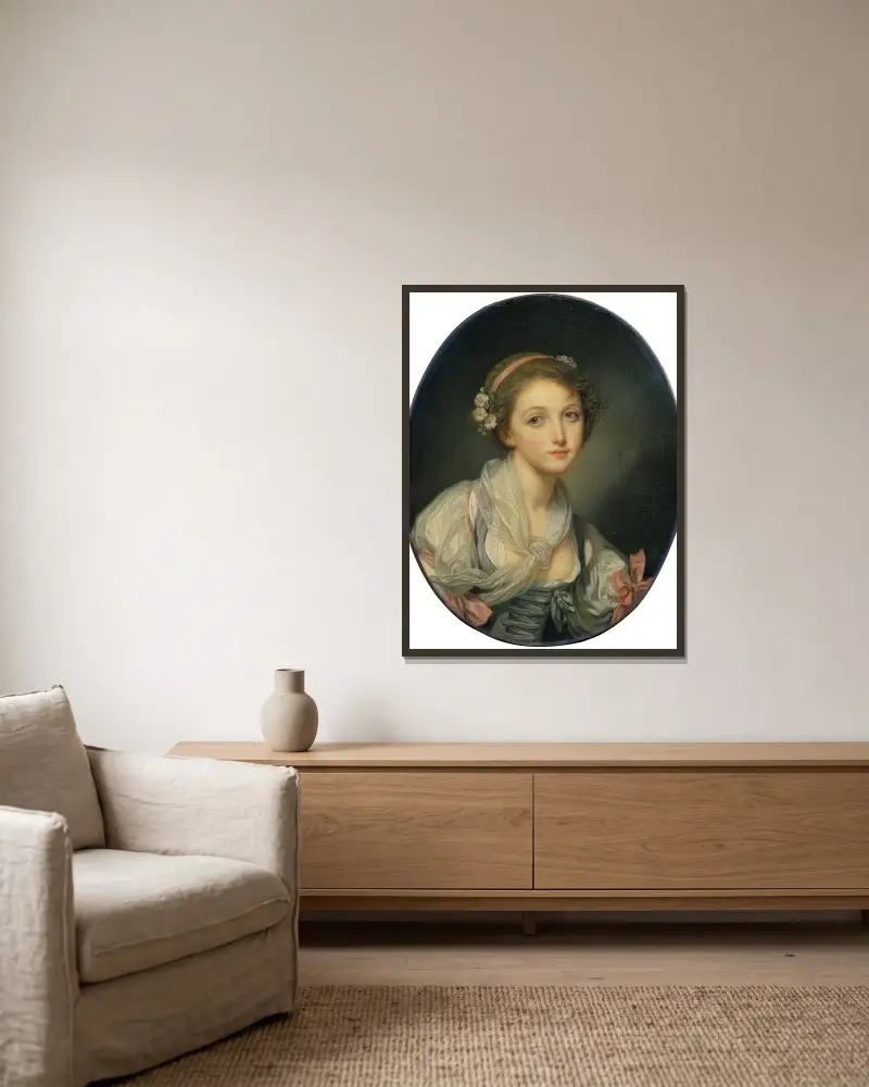Mädchen mit Gazeschal von Jean-Baptiste Greuze gerahmt an einer Wand