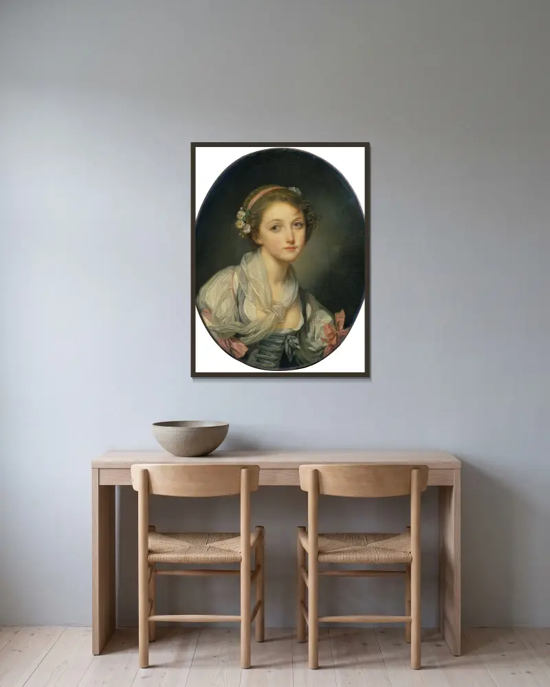 Mädchen mit Gazeschal von Jean-Baptiste Greuze gerahmt an einer Wand