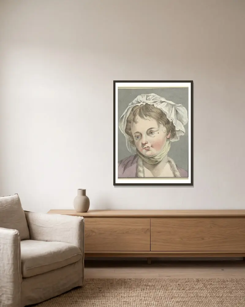 Flickhuvud av Jean-Baptiste Greuze inramad på en vägg